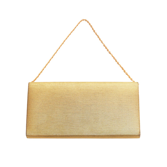 Gold clutch bag with a chain strap on a white background