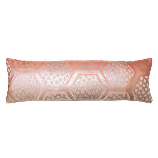 Peach cream kimono bolster pillow with oyster velvet reverse by Hunted and Stuffed, London