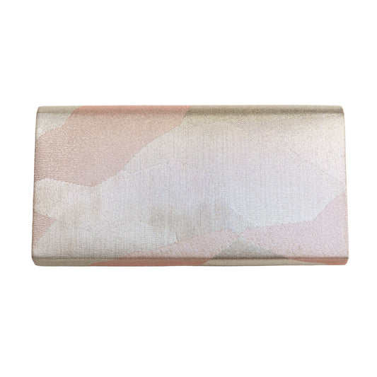 Rectangular clutch with a pink and white geometric pattern on a white background