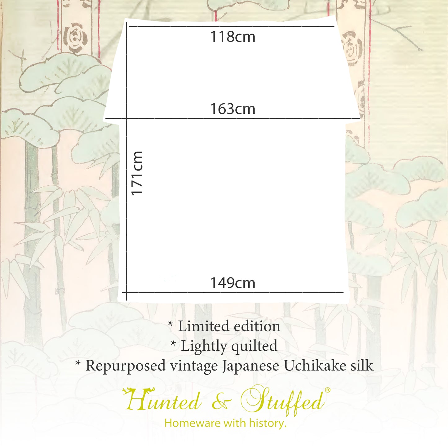 Graphic showing the measurements of the vintage kimono throw by Hunted and Stuffed.