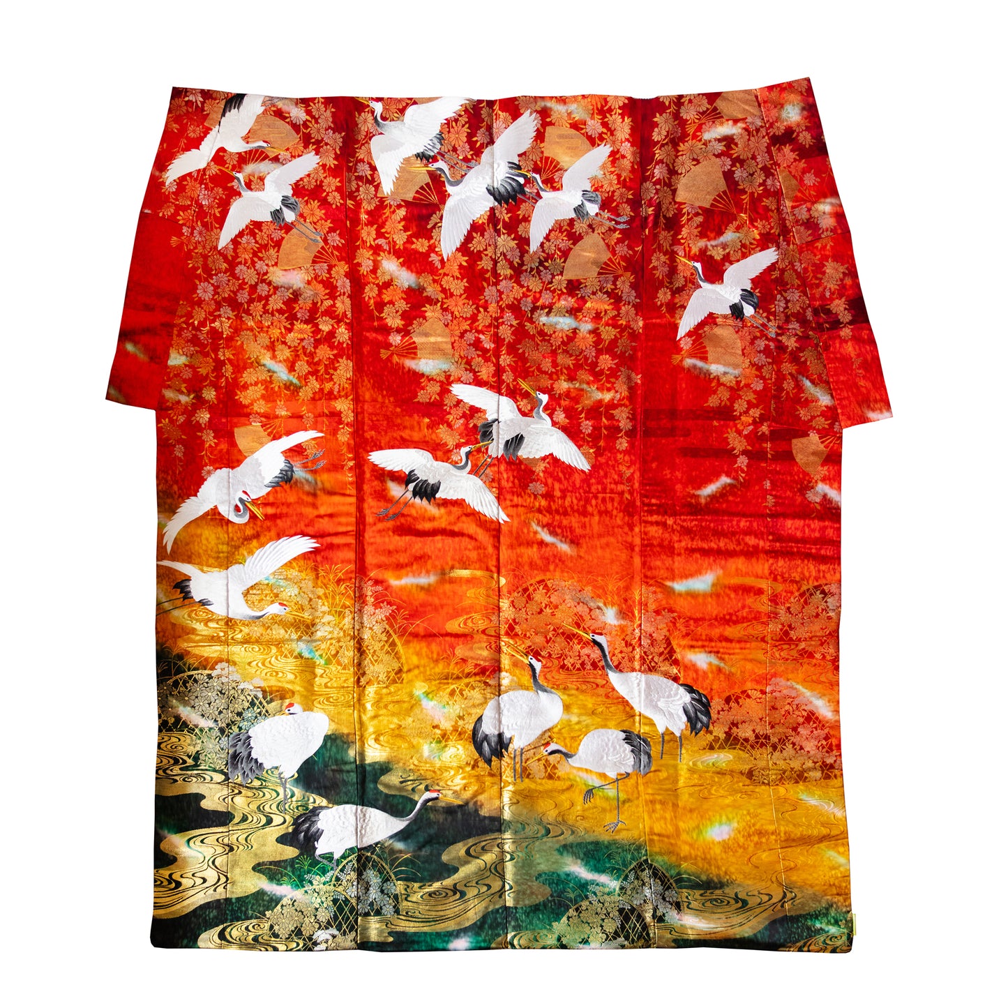 Vintage wedding kimono bedspread in red, gold and green silk.