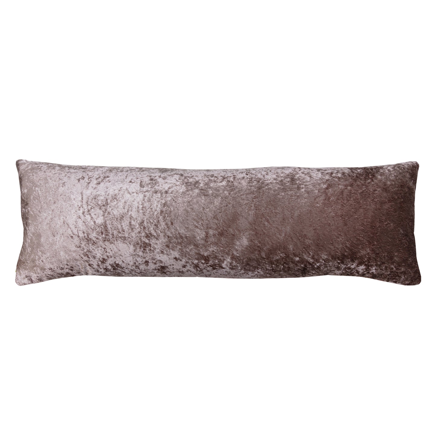 Biscuit crushed velvet reverse of long bolster pillow on white background.