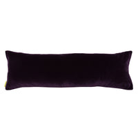 Photo of the back of the long bolster pillow on a white background. The back is plain dark purple velvet known as blackberry.