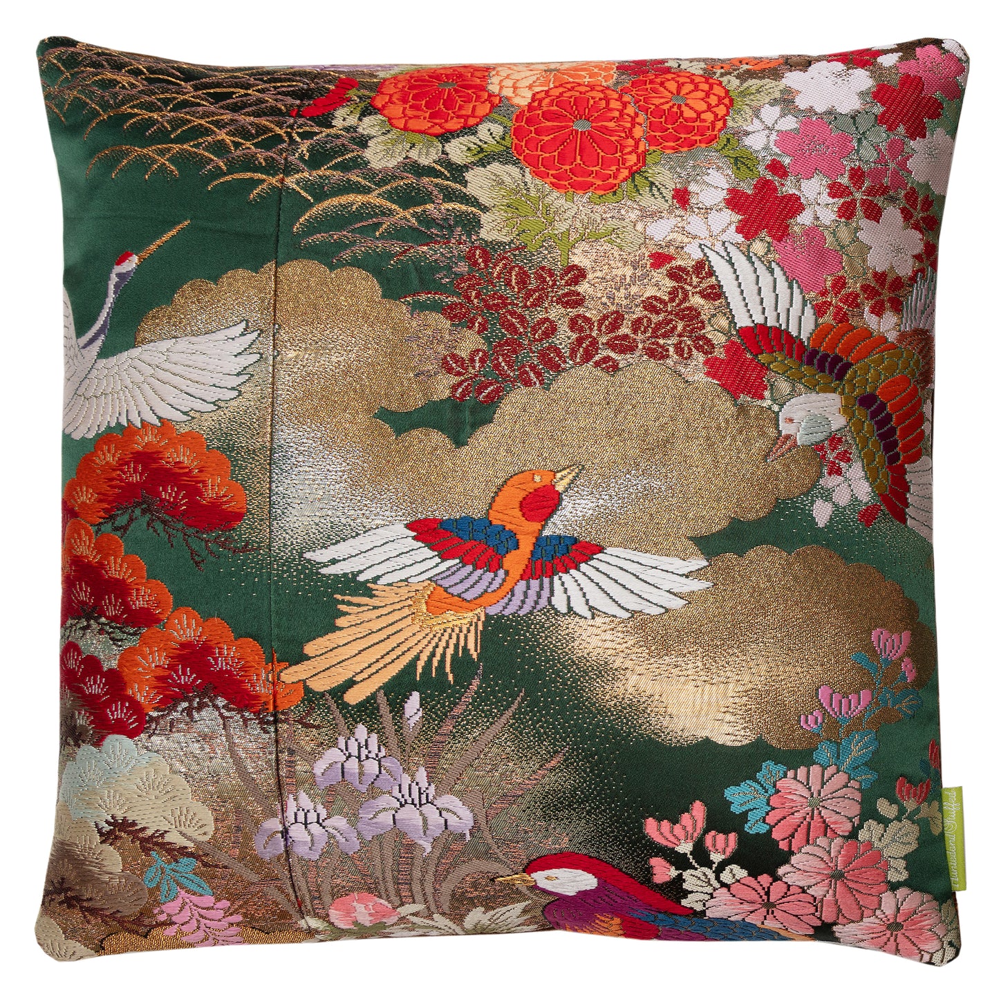 Dark green silk pillow, oriental kimono cushion by Hunted and Stuffed, London.