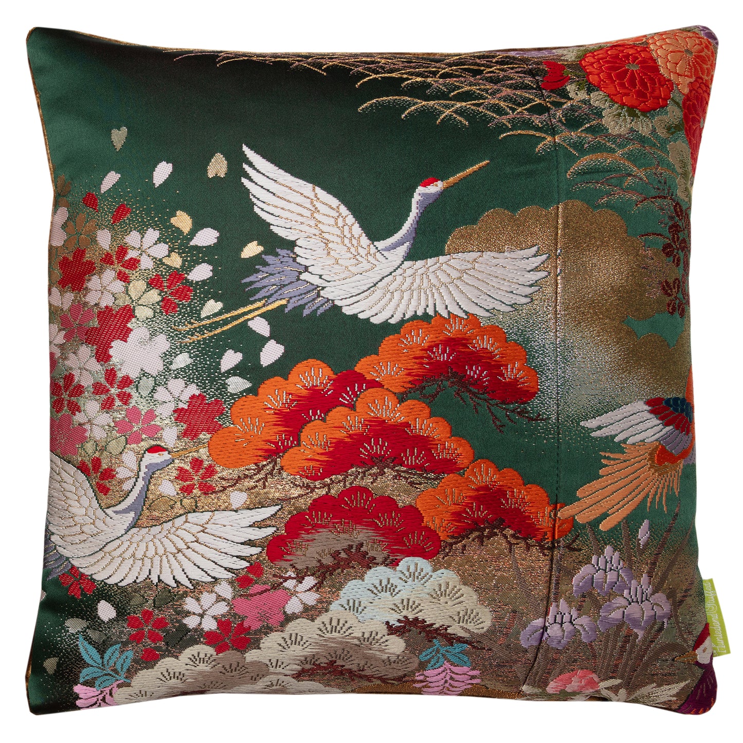 Deep green silk kimono cushion by Hunted and Stuffed, London.