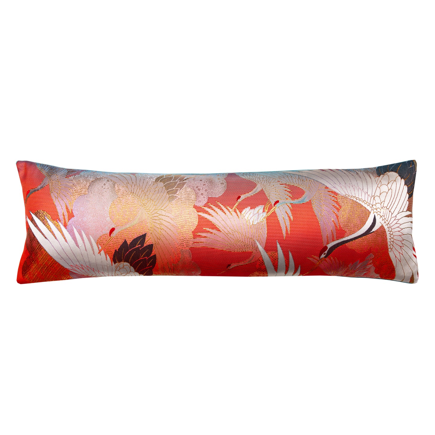 A long red silk bolster pillow with flying cranes design madef rom vintage kimono silk by Hunted and Stuffed, London.