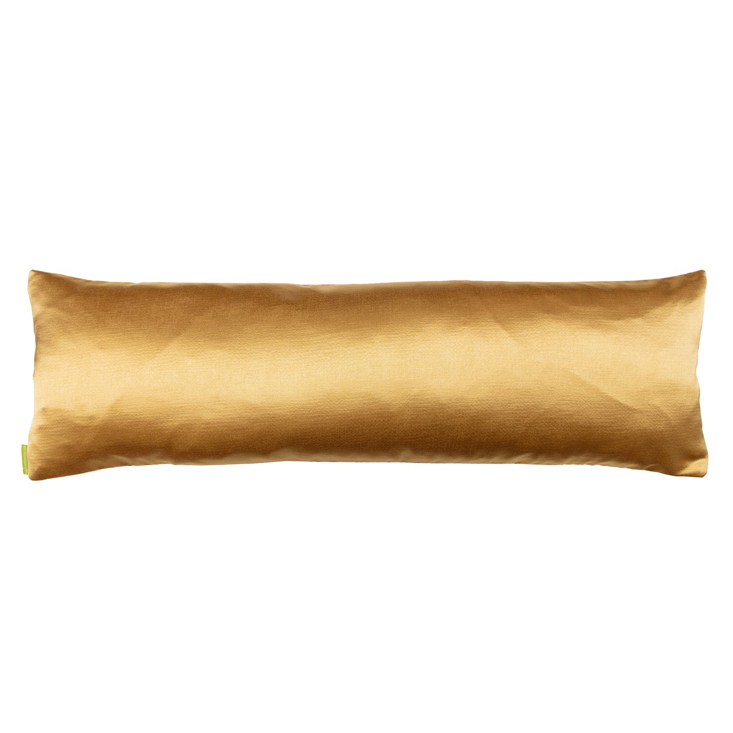Reverse of kimono bolster pillow in gold silk on a white background.