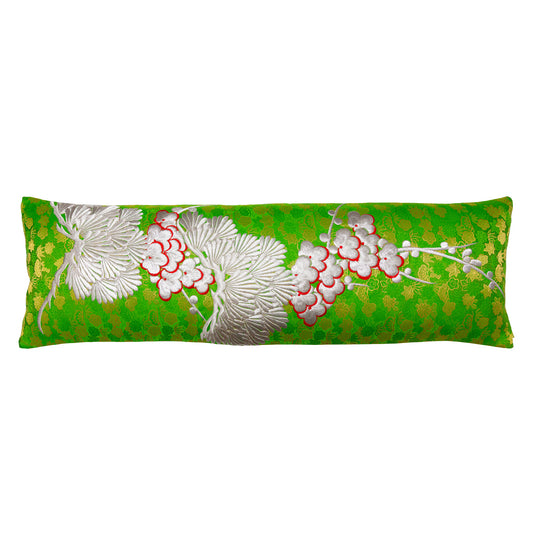 Green silk kimono pillow with silver blossom embroidery and snowdrift satin back by Hunted and Stuffed, London.