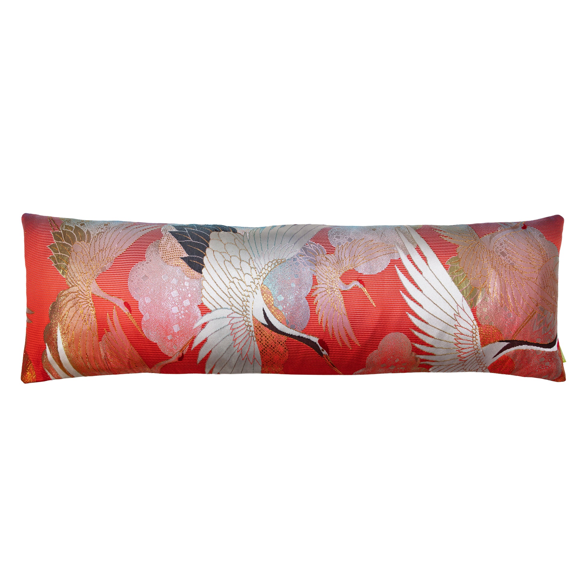 Long red kimono silk cushion with cranes by Hunted and Stuffed, London.