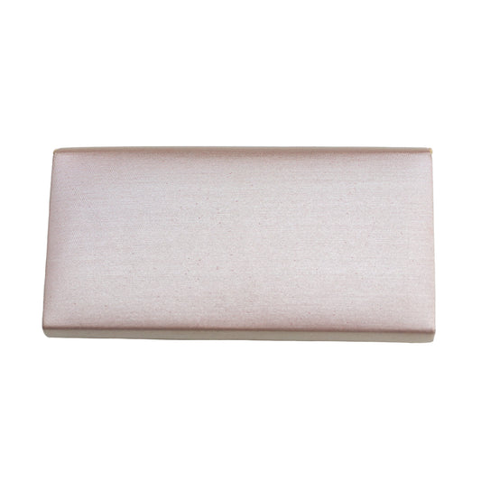 Metallic pink clutch bag, rear view, on a white background.