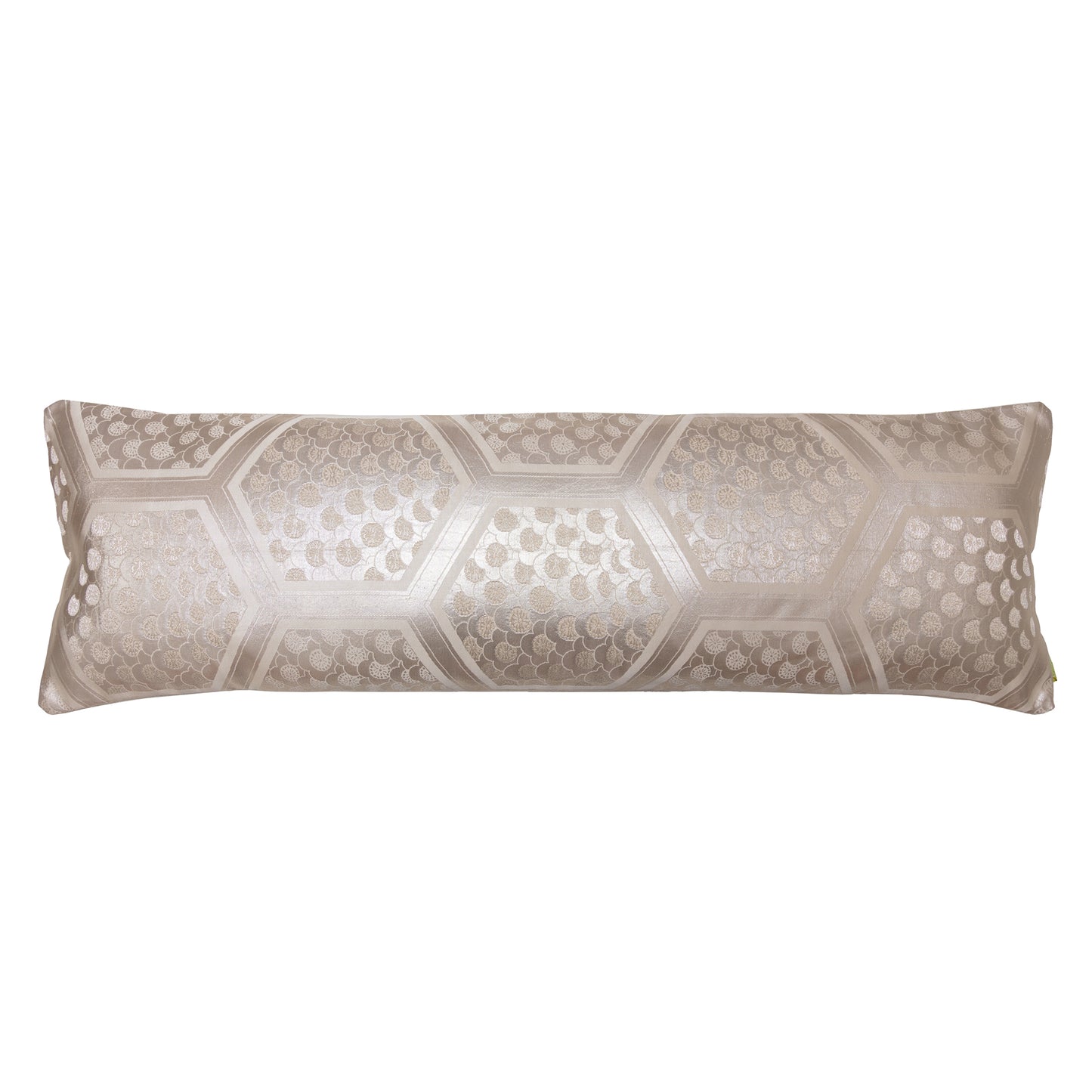 Metallic silver long pillow, Japanese kimono bolster cushion made by Hunted and Stuffed, London.