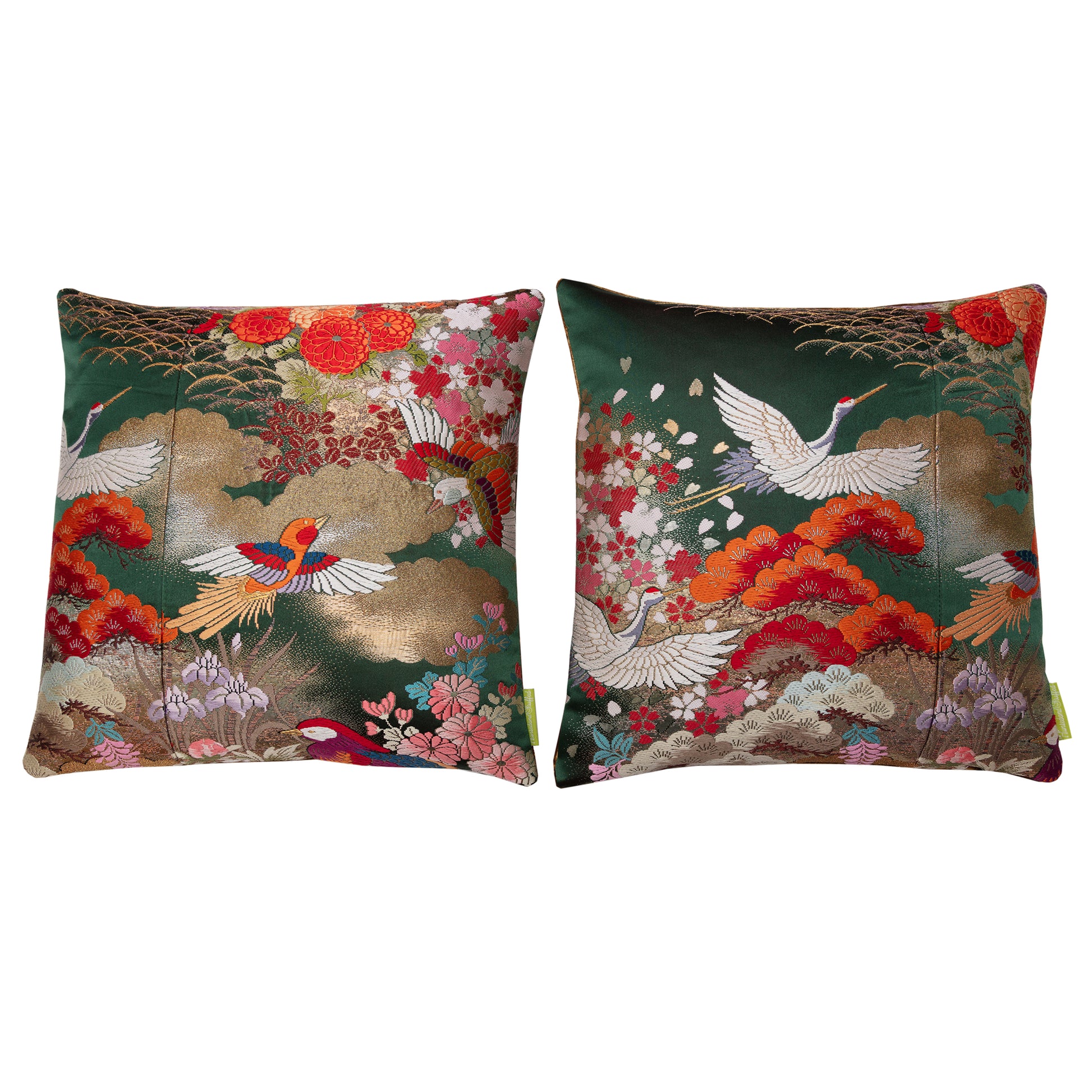 Oriental cushion pair in green silk with gold velvet reverse by Hunted and Stuffed, London.