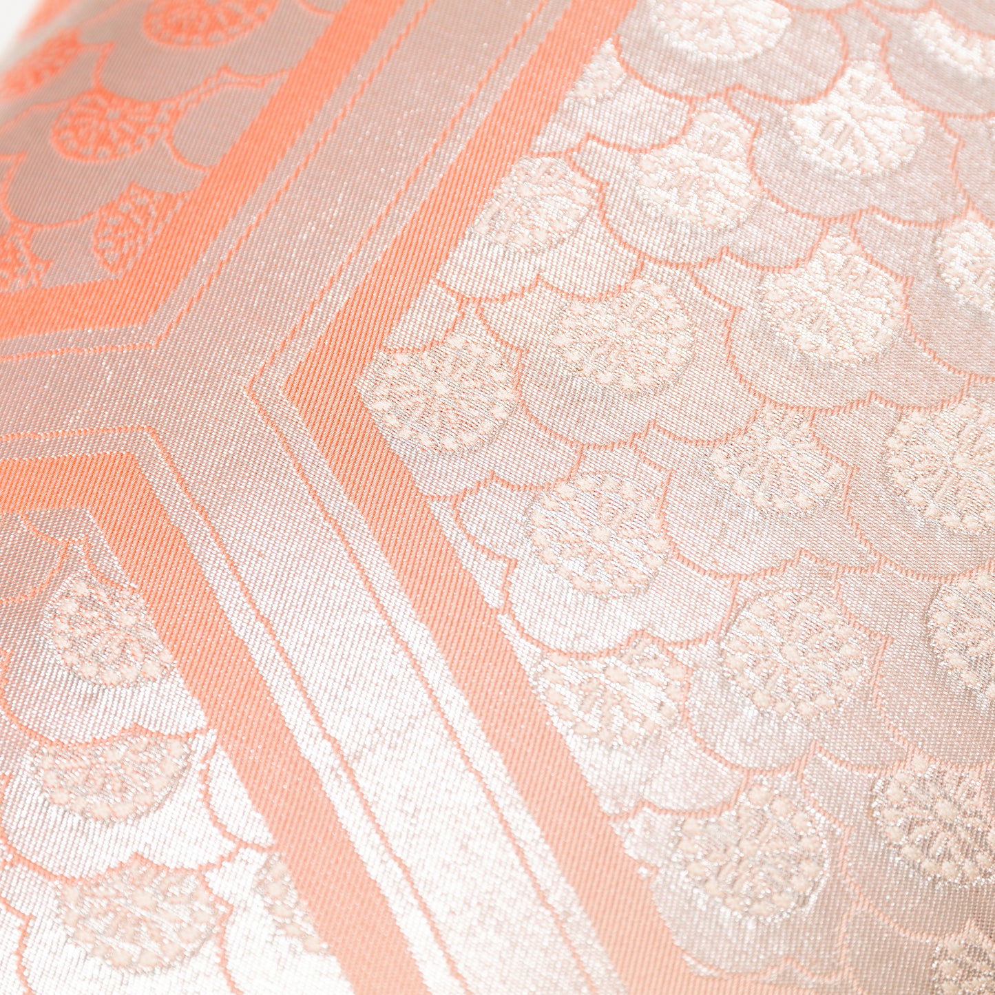 Silver pink peach pillow made with upcycled vintage maru obi.