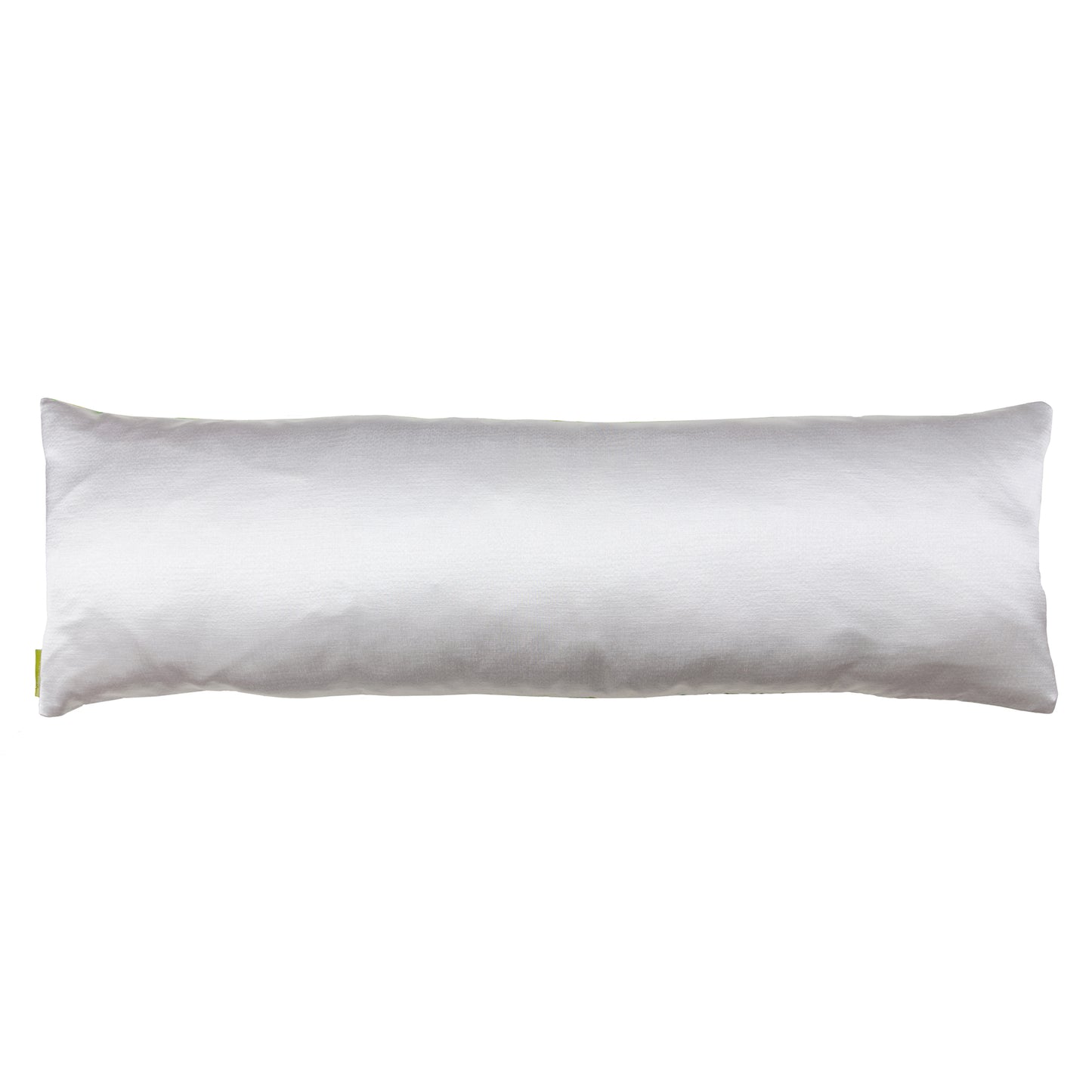 Bolster pillow reverse made with snowdrift satin on a white background.