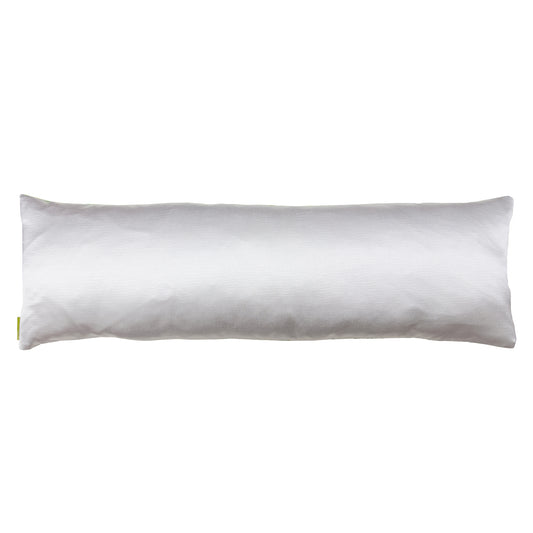 Bolster pillow reverse made with snowdrift satin on a white background.