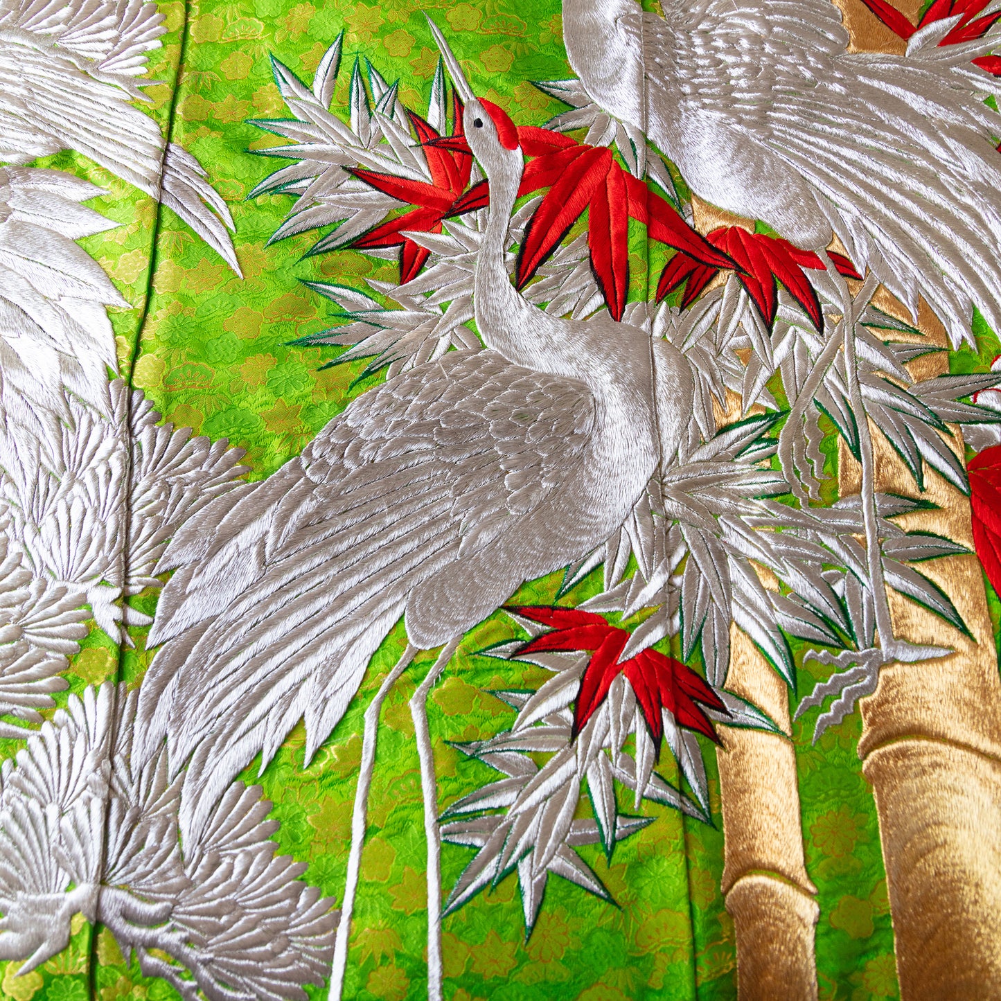 Uchikake kimono throw with silver crane and gold bamboo embroidery
