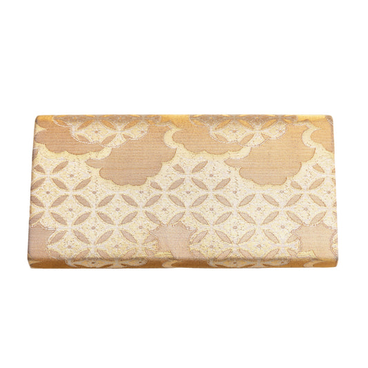 View showing the back of the gold clutch bag, vintage Japanese 1970s envelope clutch on white background.