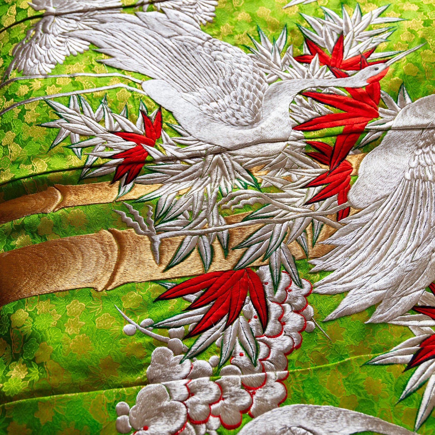 Wedding kimono throw blanket in green, silver and gold silk.