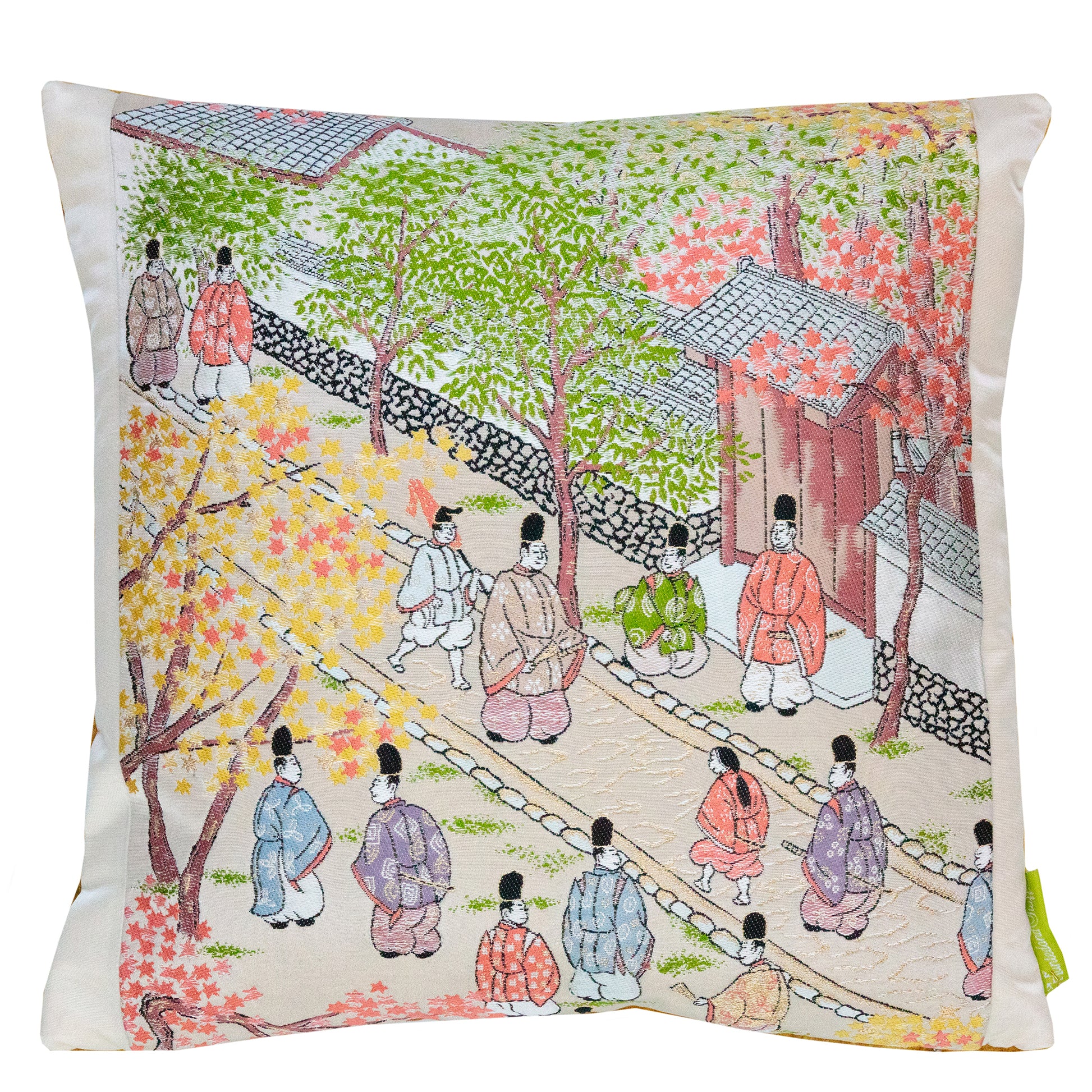 14 inch obi pillow in beige and gold with japanese street scene