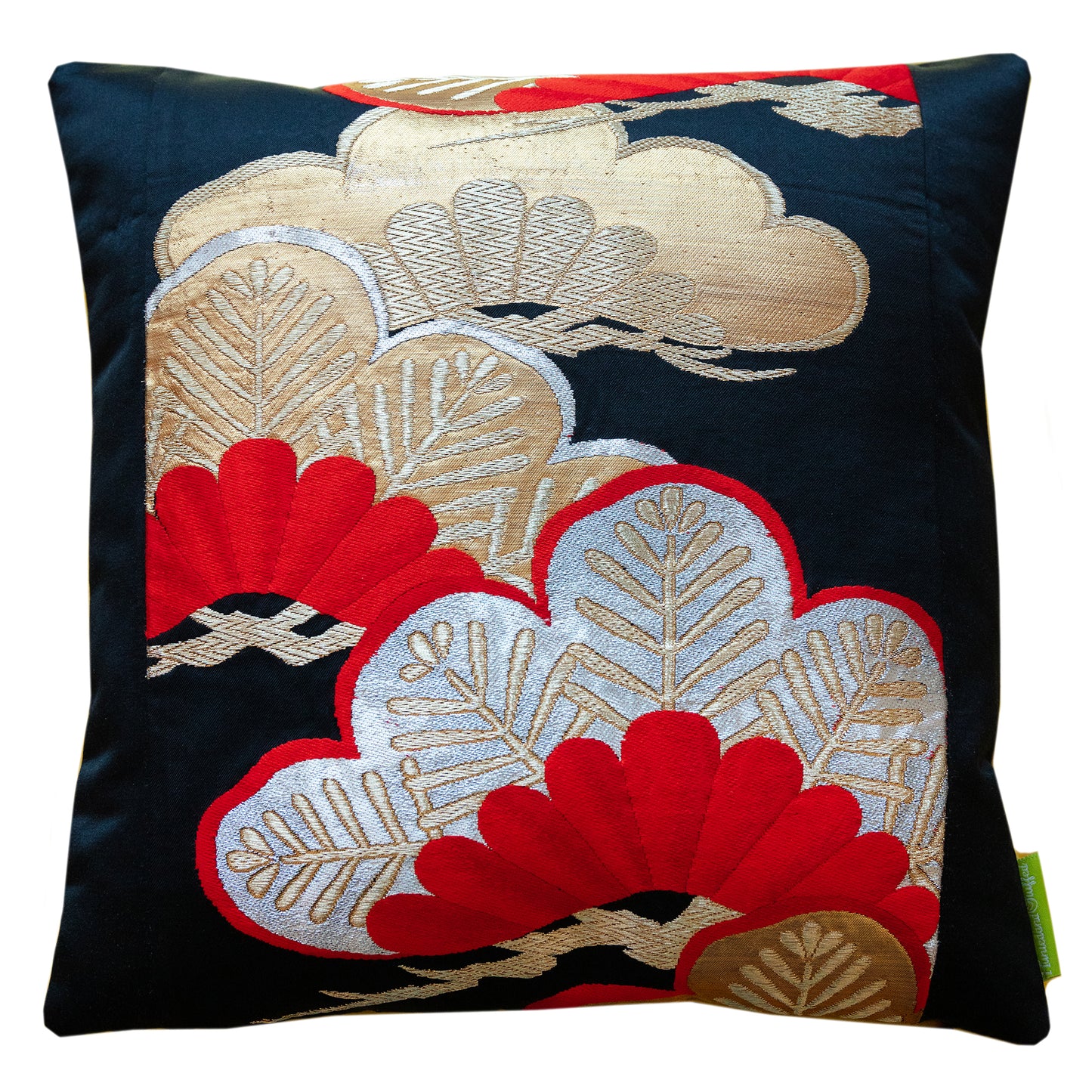 Black Silk Obi Pillow -Gold Velvet and Pines -16 inch