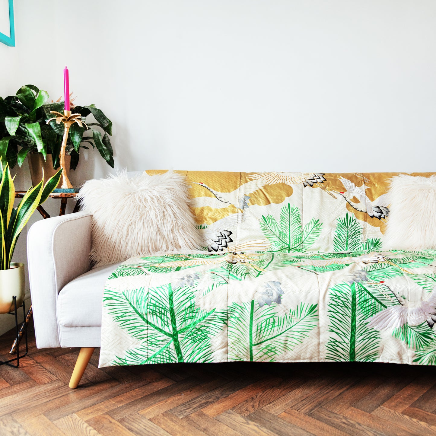 Flying Cranes Silk Throw Blanket, vintage wedding kimono quilt bedspread