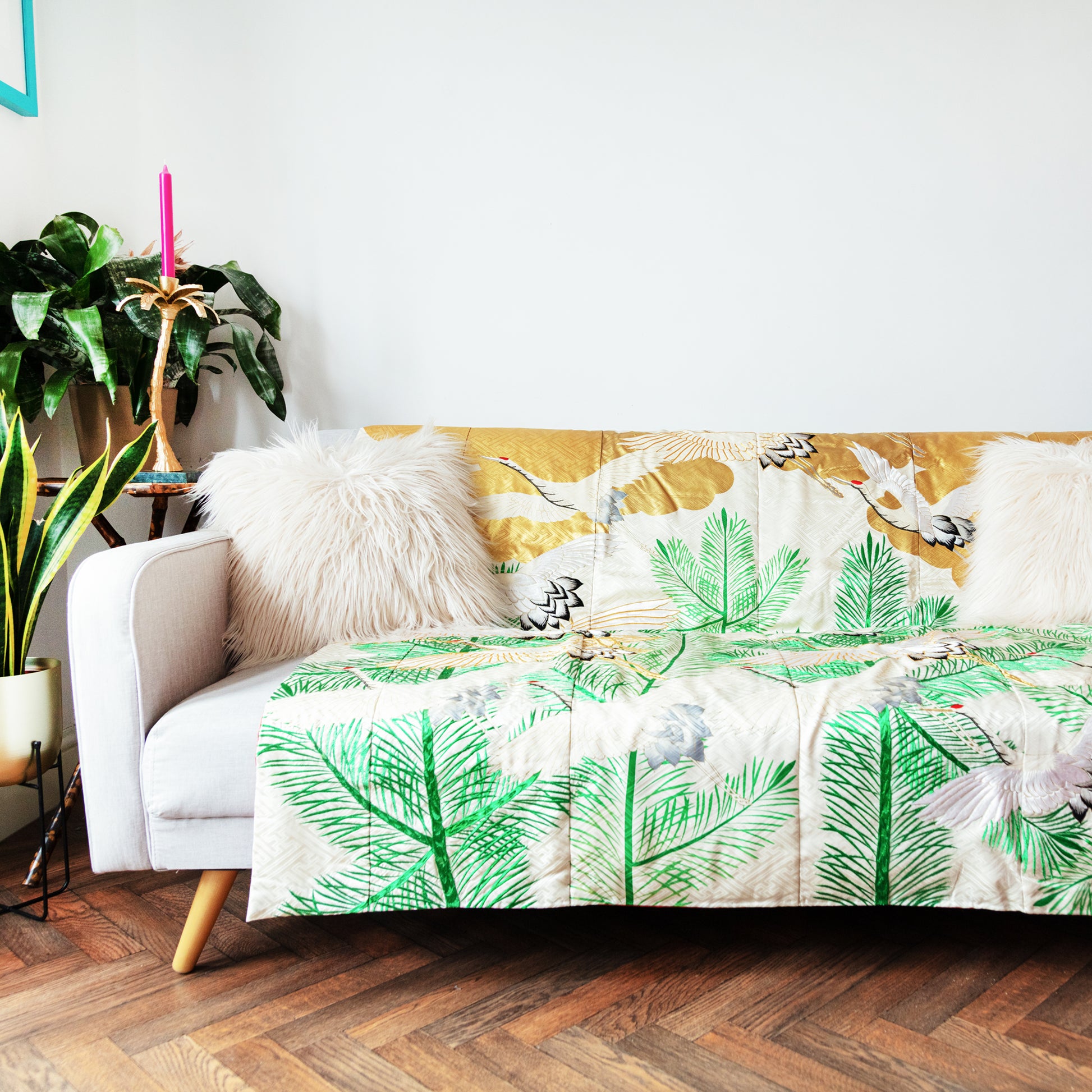 Flying Cranes Silk Throw Blanket, vintage wedding kimono quilt bedspread