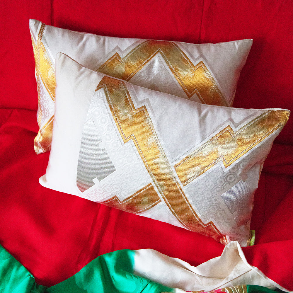 Gold Silver Cushion Geometric Metallic Cushion Upcycled Kimono