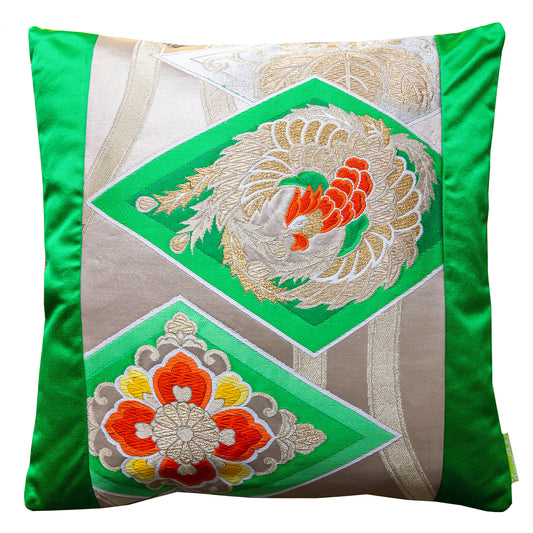 Golden Phoenix Green Silk Obi Cushion -Gold Velvet -18 inch