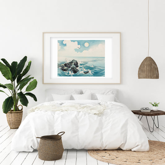 Waves Crashing on Rocks Japanese Woodcut Print