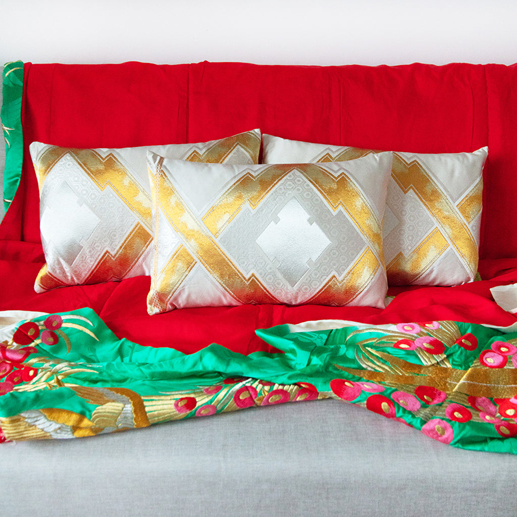 Gold Metallic Cushions Upcycled Vintage Silk Japanese Obi Pillow