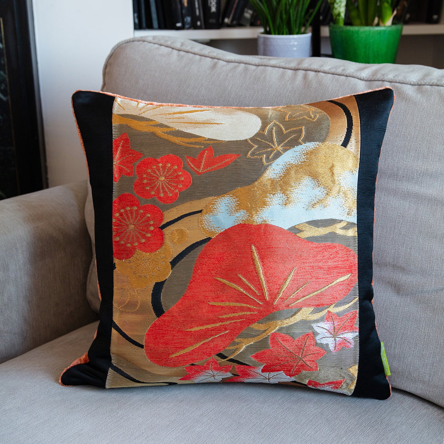 Black Obi Pillow -Peach Velvet and Pines -16 inch