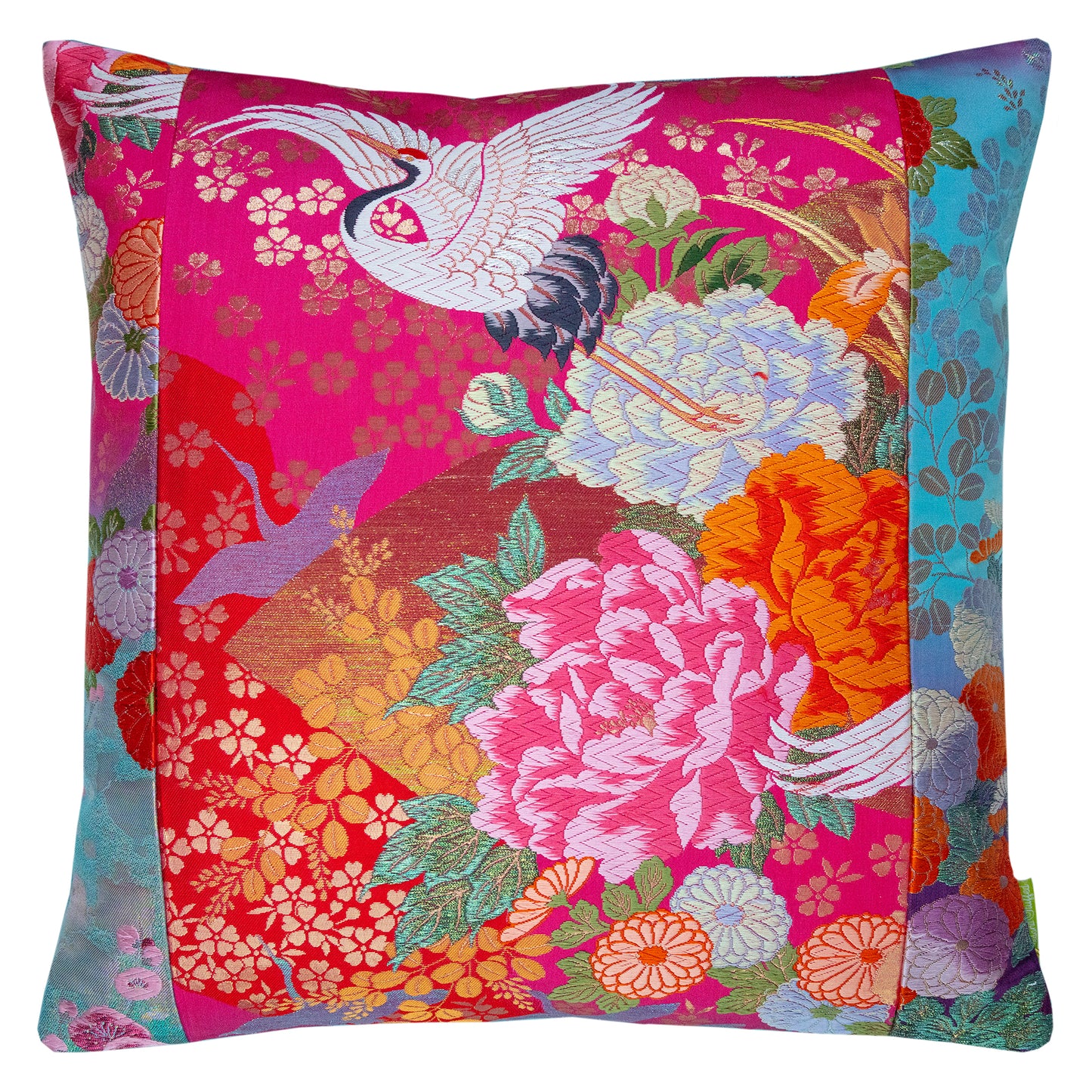 Blue and pink vintage silk kimono crane pillow by Hunted and Stuffed