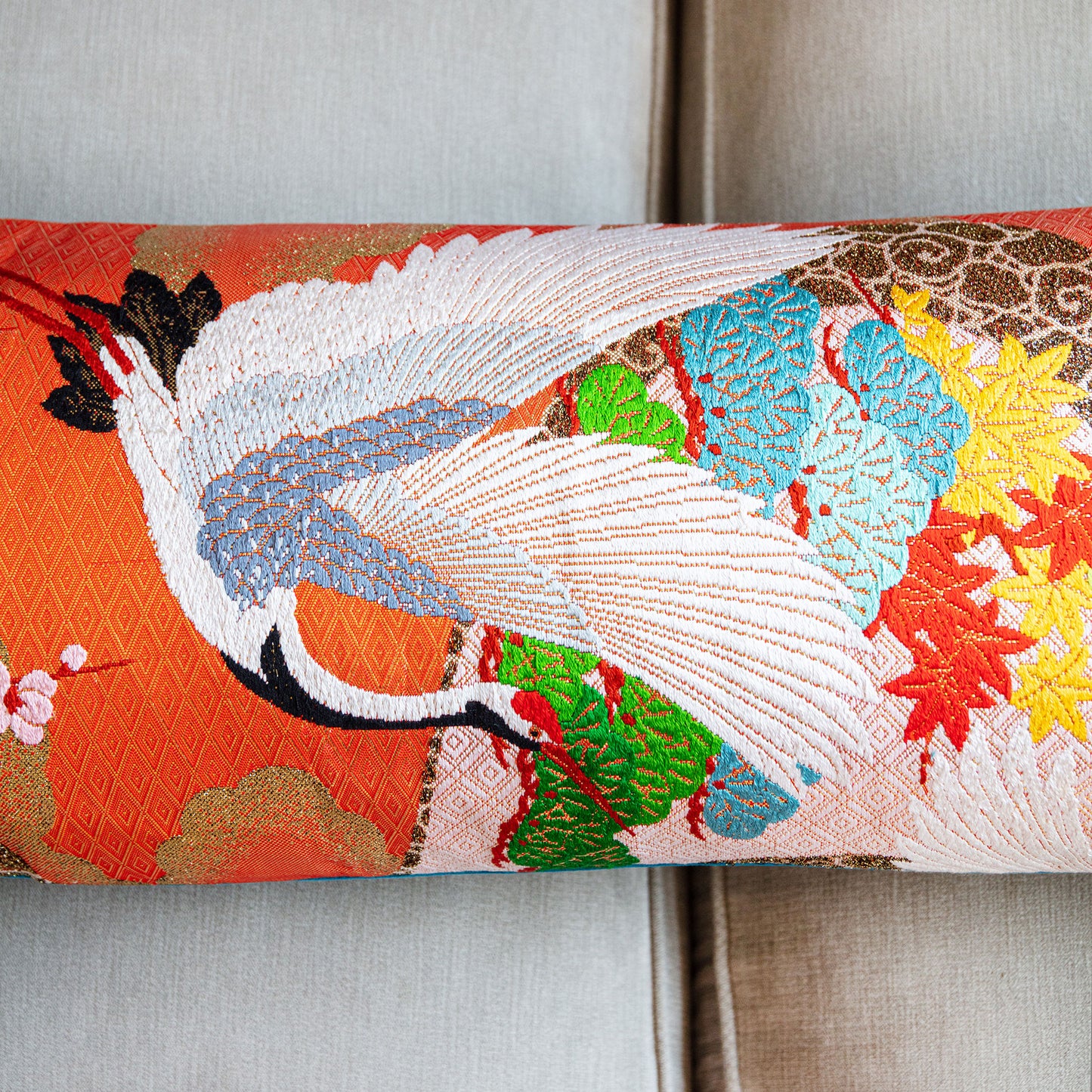 Detail of flying crane pillow by Hunted and Stuffed