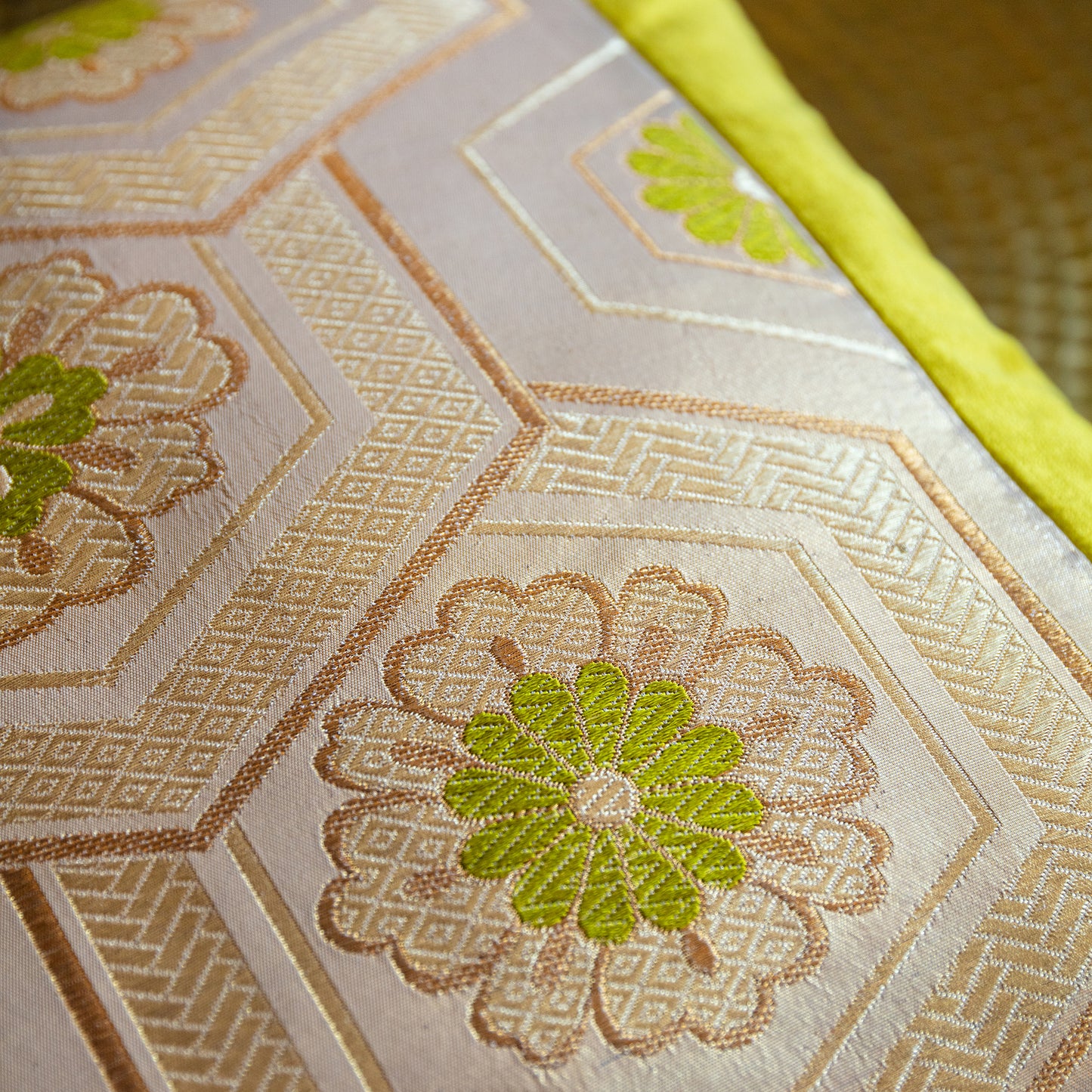 Green floral pillow remade vintage obi silk by Hunted and Stuffed