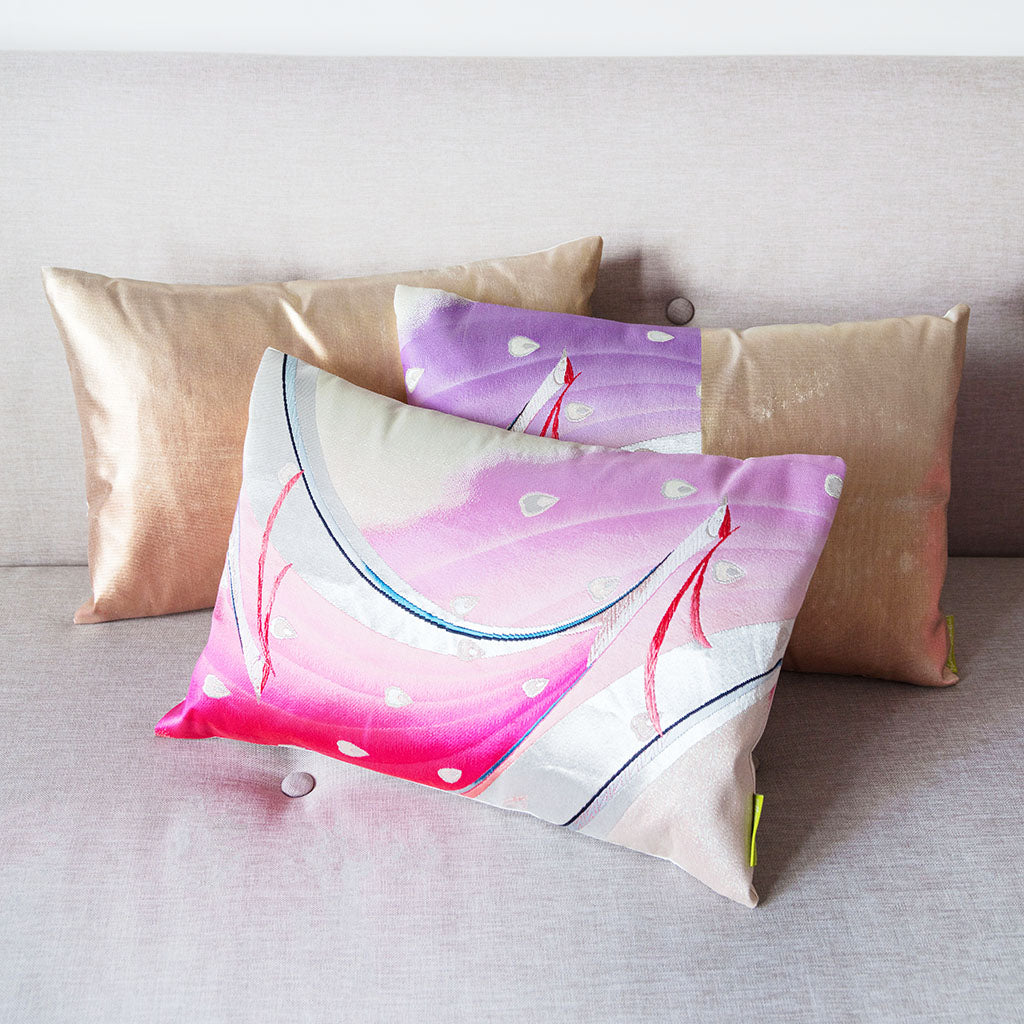 Japanese Kimono Cushion Pink Peacock Birds