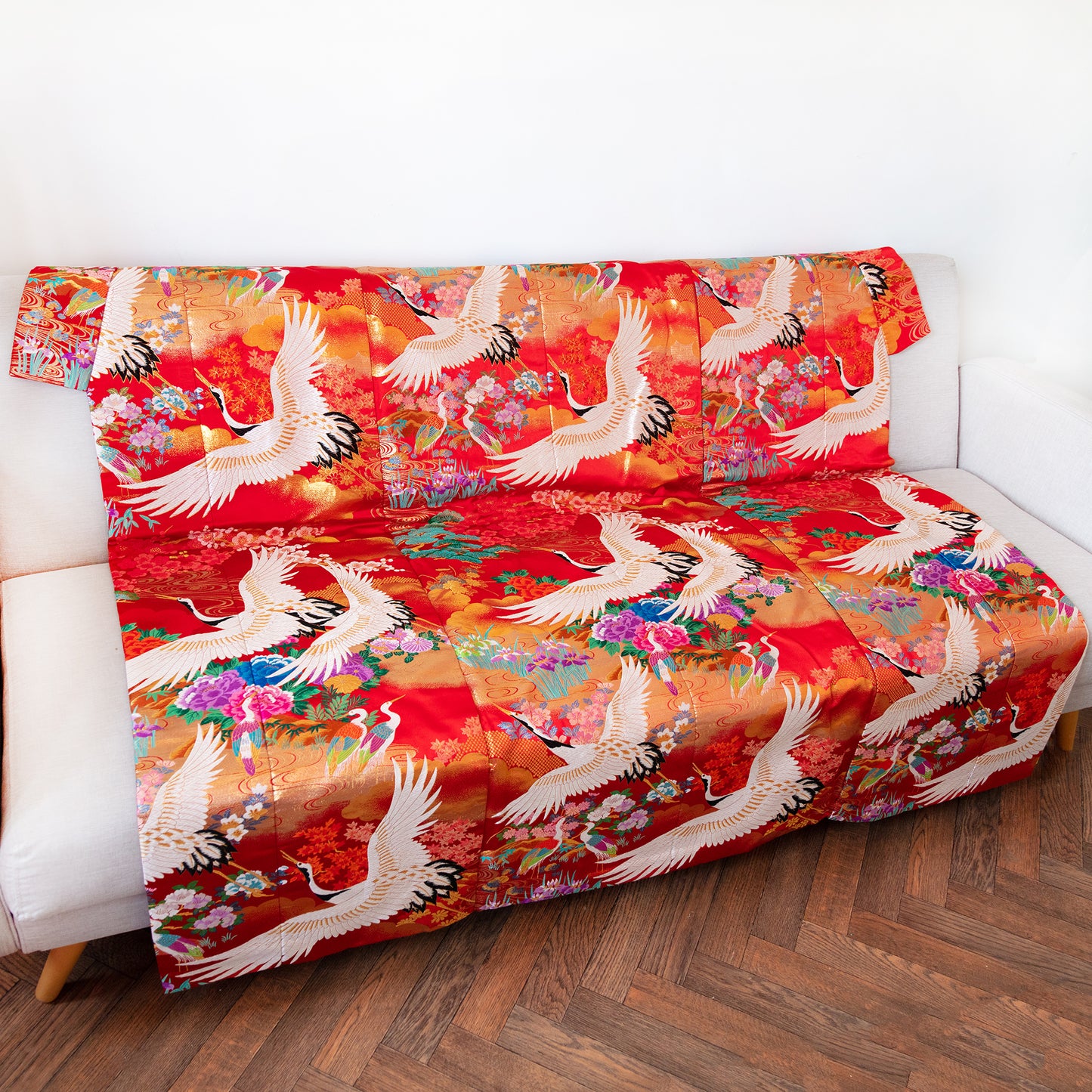 Large red silk throw, repurposed wedding kimono by Hunted and Stuffed
