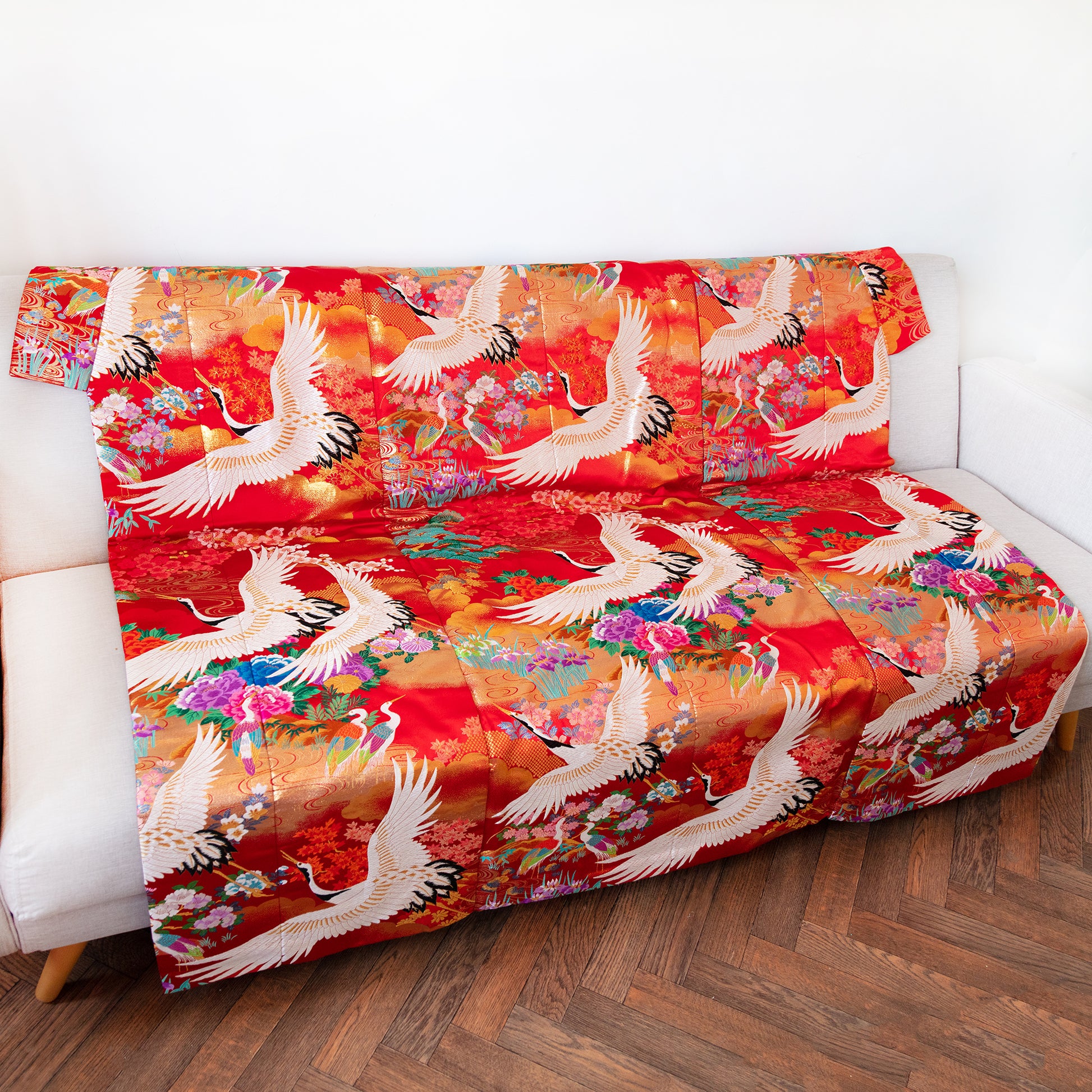 Large red silk throw, repurposed wedding kimono by Hunted and Stuffed
