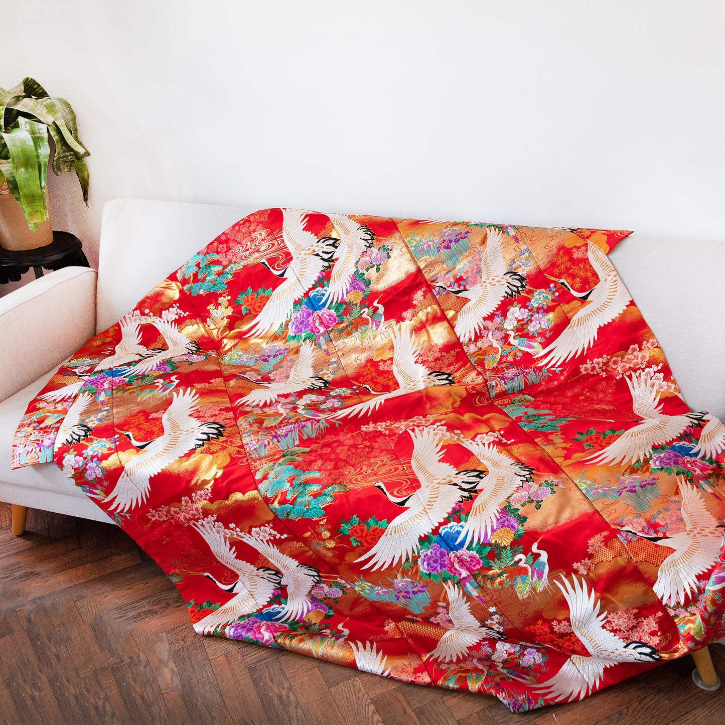Large throw blanket, sustainable repurposed silk kimono by Hunted and Stuffed
