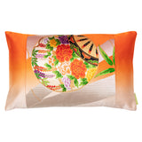 Orange ombre obi cushion with silver bamboo and flower pattern by Hunted and Stuffed.
