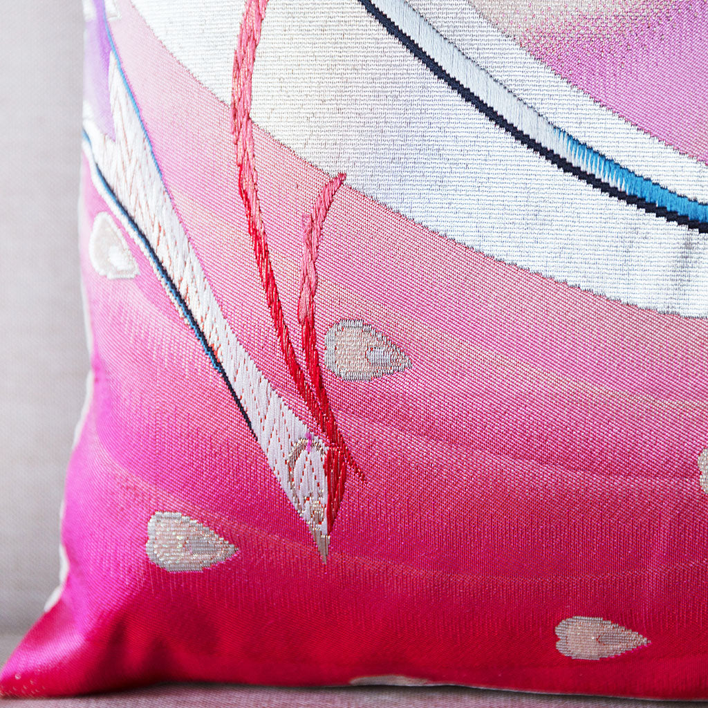 Pink Silk Cushion Vintage Japanese Obi Peacock Pillow Hunted and Stuffed