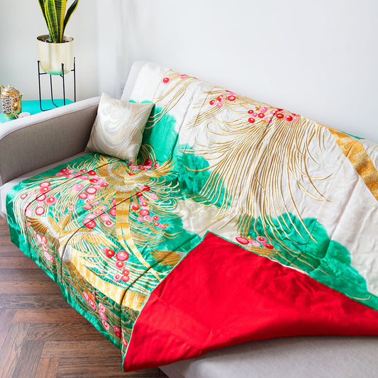 Silk Quilt Vintage Kimono Throw Gold Cream Turquoise