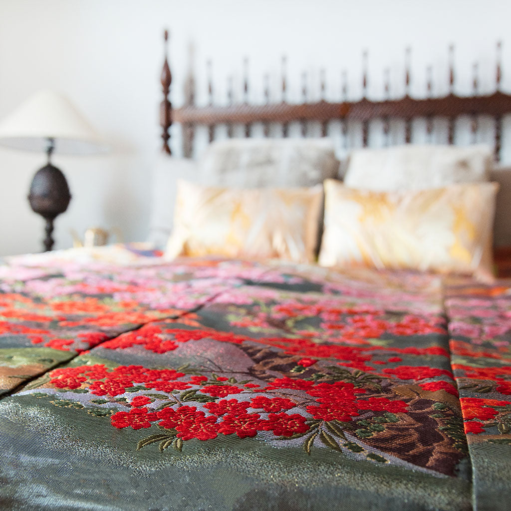 Silk Throw Floral Embroidery Kimono Blanket Upcycled Vintage Decor