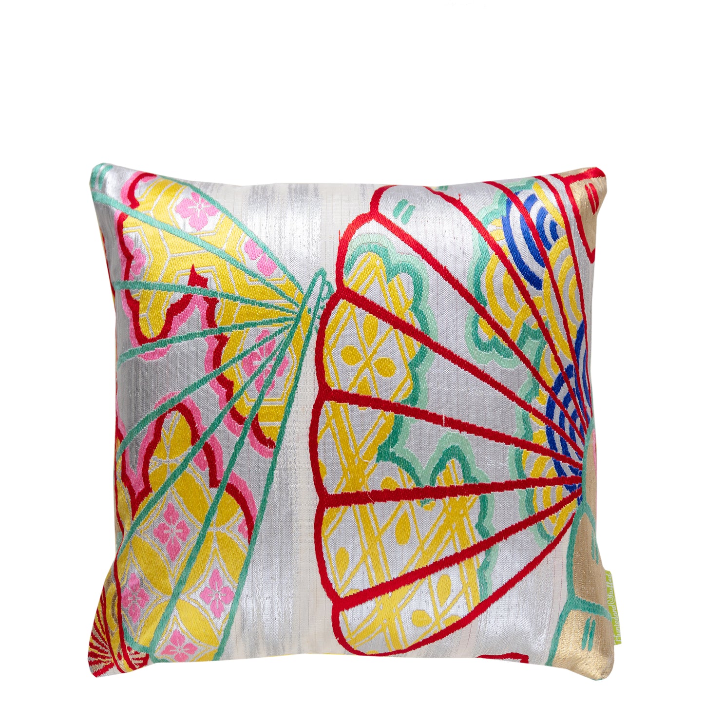 Silver japanese fans pillow, decorative cushion remade obi.