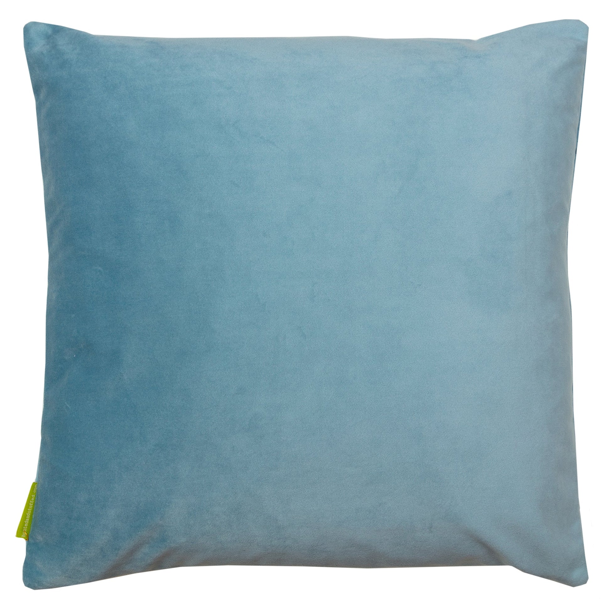 turquoise duck egg blue velvet square pillow back.