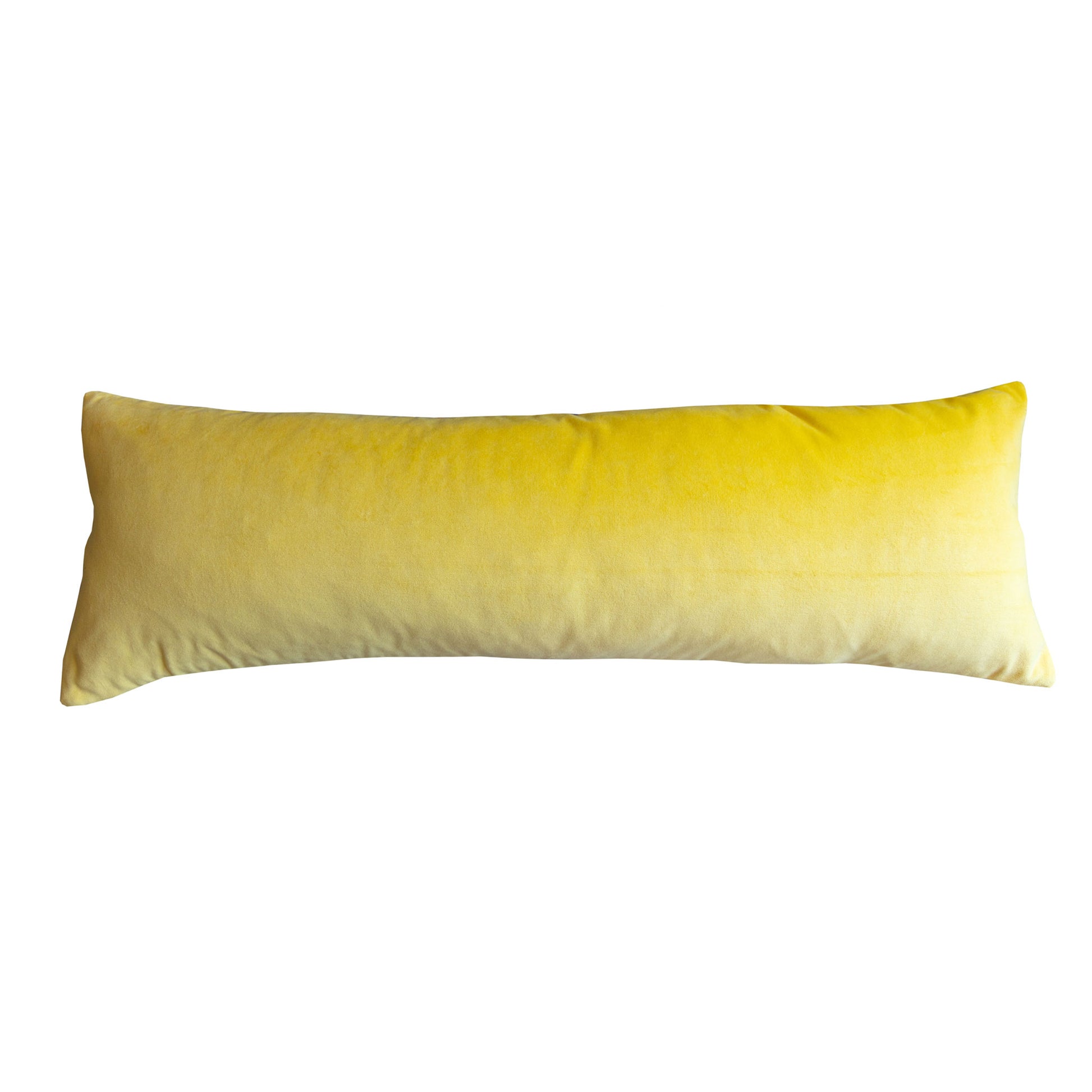 Back of the long bolster pillow made with yellow velvet by Hunted and Stuffed