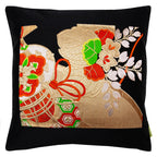Hunted and Stuffed black silk kimono pillow with floral drums pattern, 18-inch square obi cushion with textured silk fabric