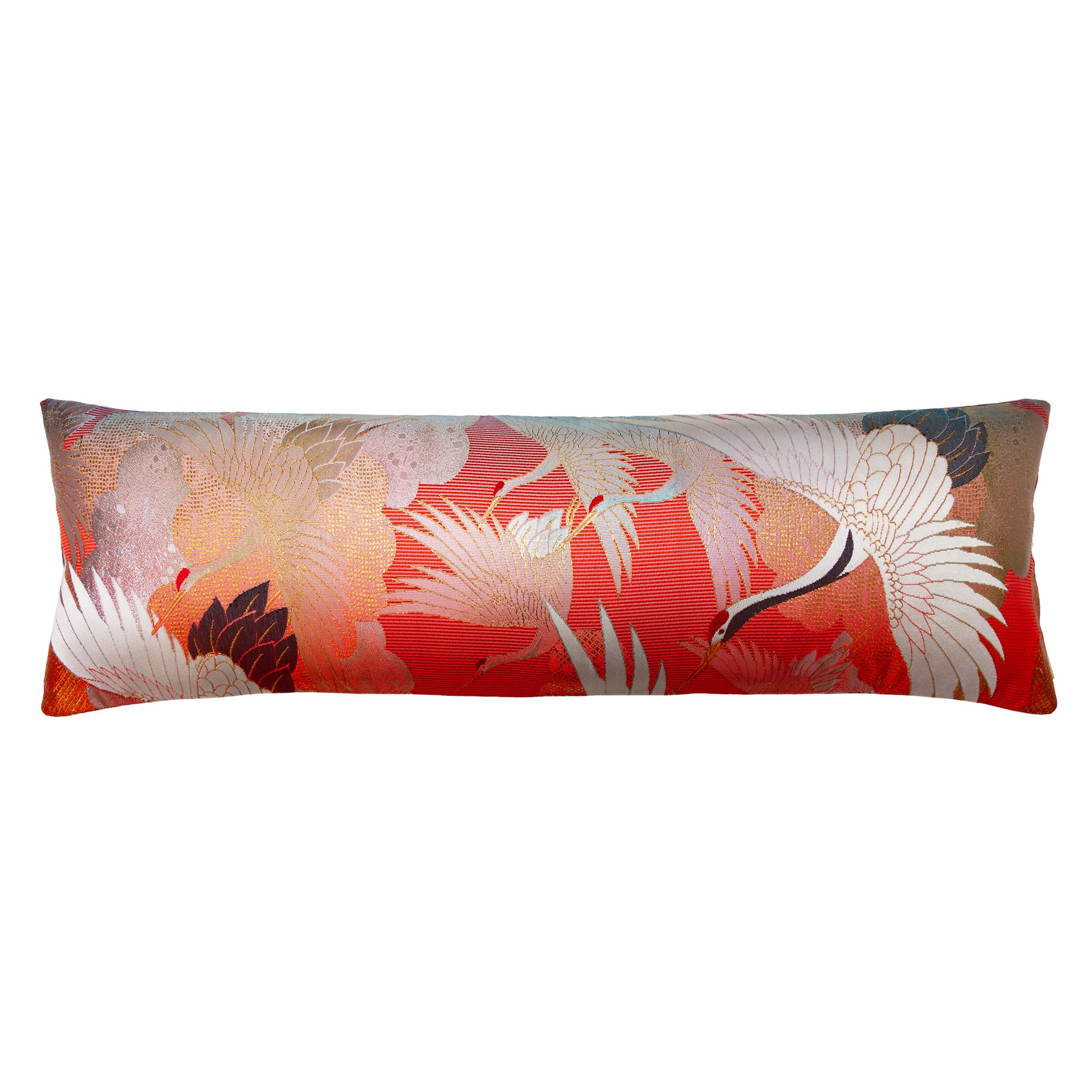 Crane bolster pillow made from red kimono silk by Hunted and Stuffed, London.