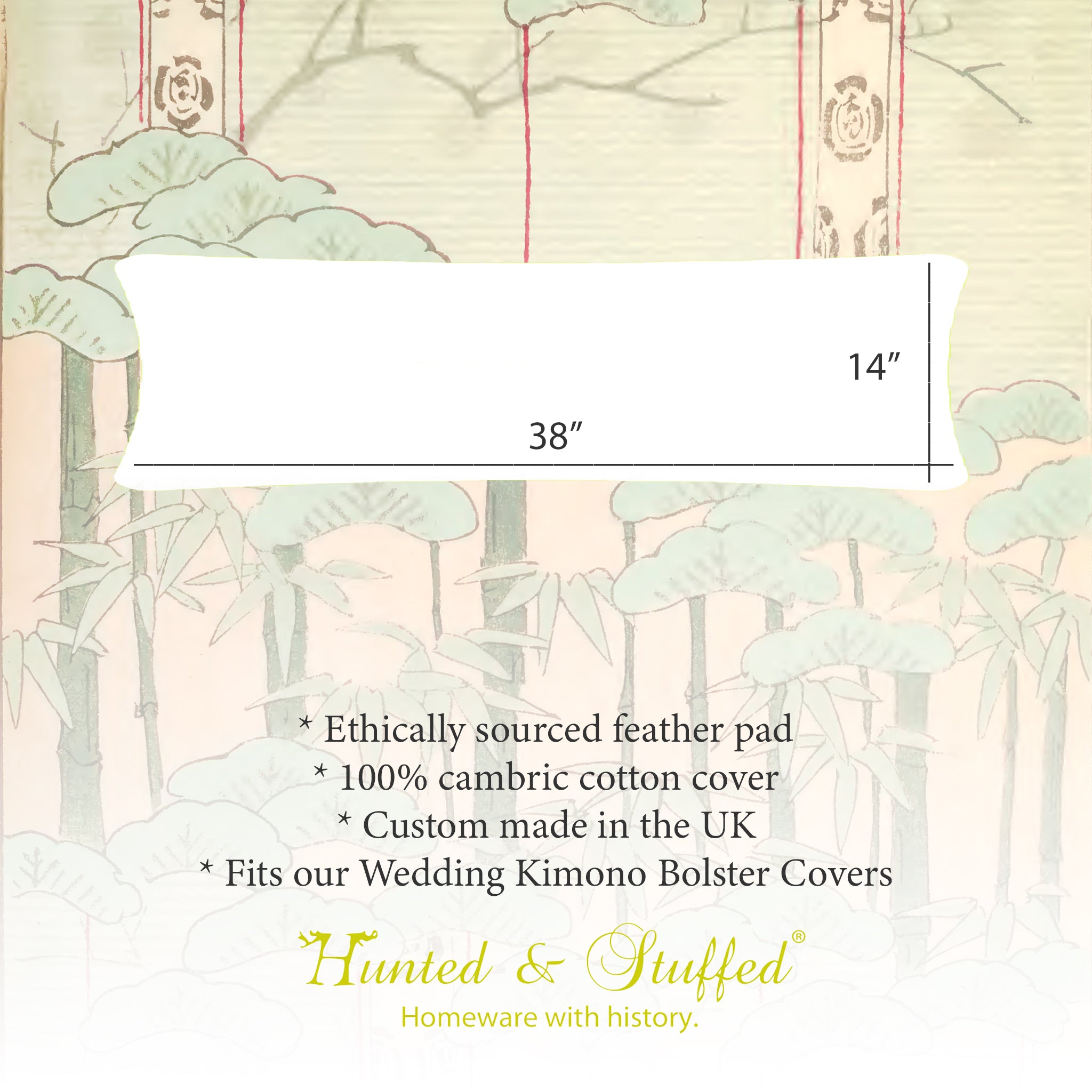 Hunted and Stuffed rectangular feather bolster pad over 18 inches with soft white feather fill and beige linen cover for