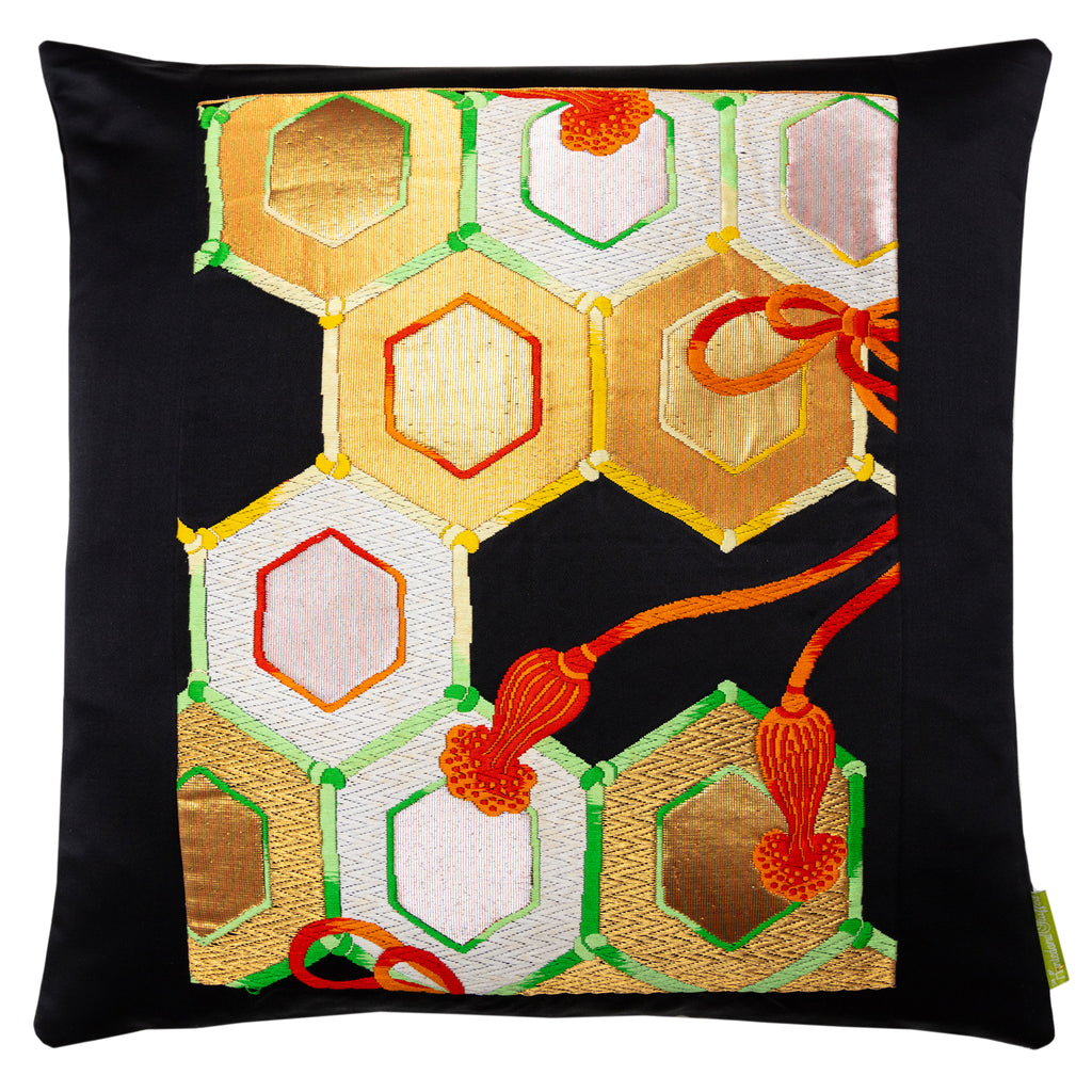 Gold black geometric Obi silk pillow, vintage 18-inch square cushion in Hunted and Stuffed's Obi Cushions collection