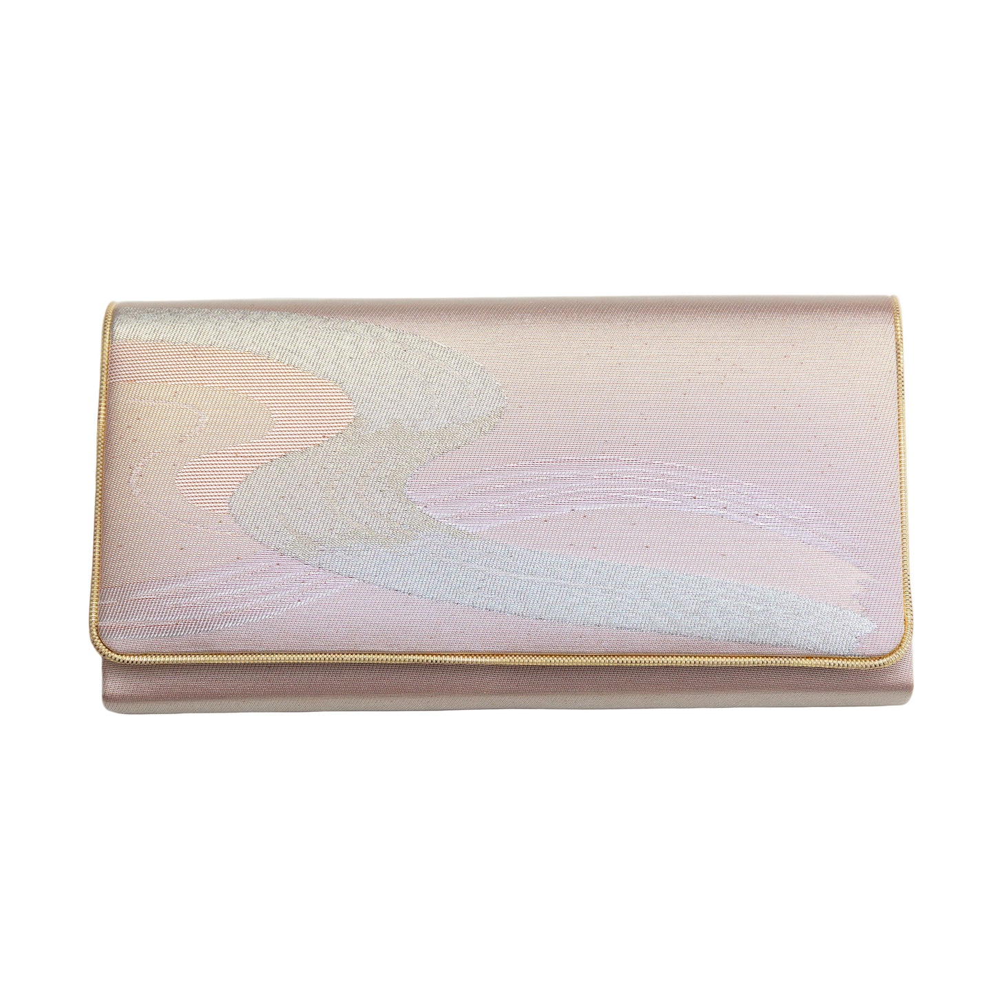Clutch bag with gradient iridescent river design and metallic gold trim on a white background